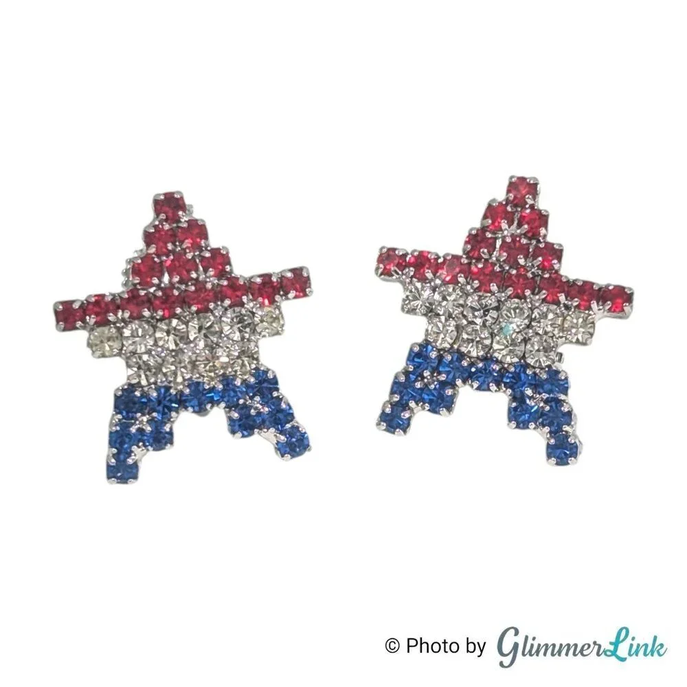 Vintage Patriotic Red White Blue Rhinestone Star Silver Tone Screw Back Earrings